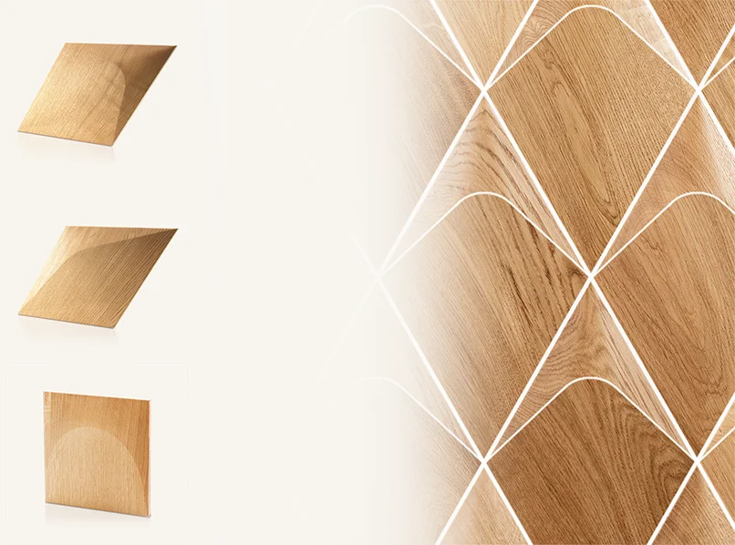 Übersicht von glatten 3D-Holzpaneelen aus Eiche mit dezenten Bogenmustern und weichen geometrischen Rundungen.