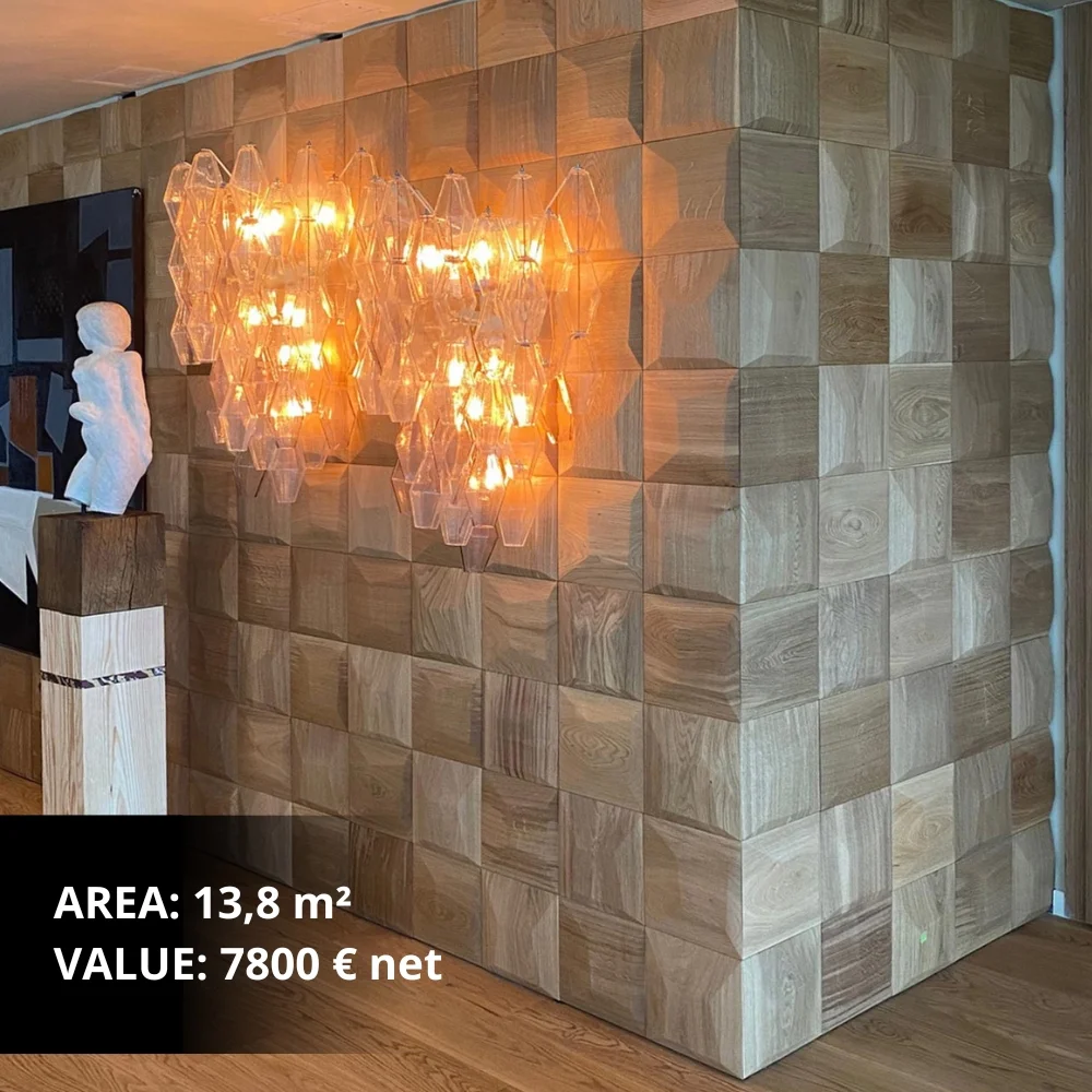 3D-Holzwandpaneele mit Hintergrundbeleuchtung in einem modernen Interieur