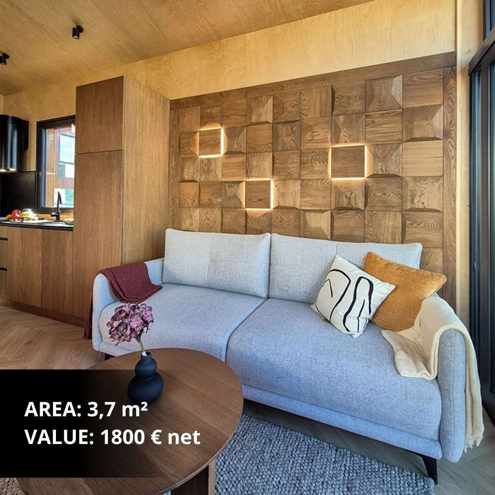 Decorative wooden wall panels in a natural finish behind a light blue sofa