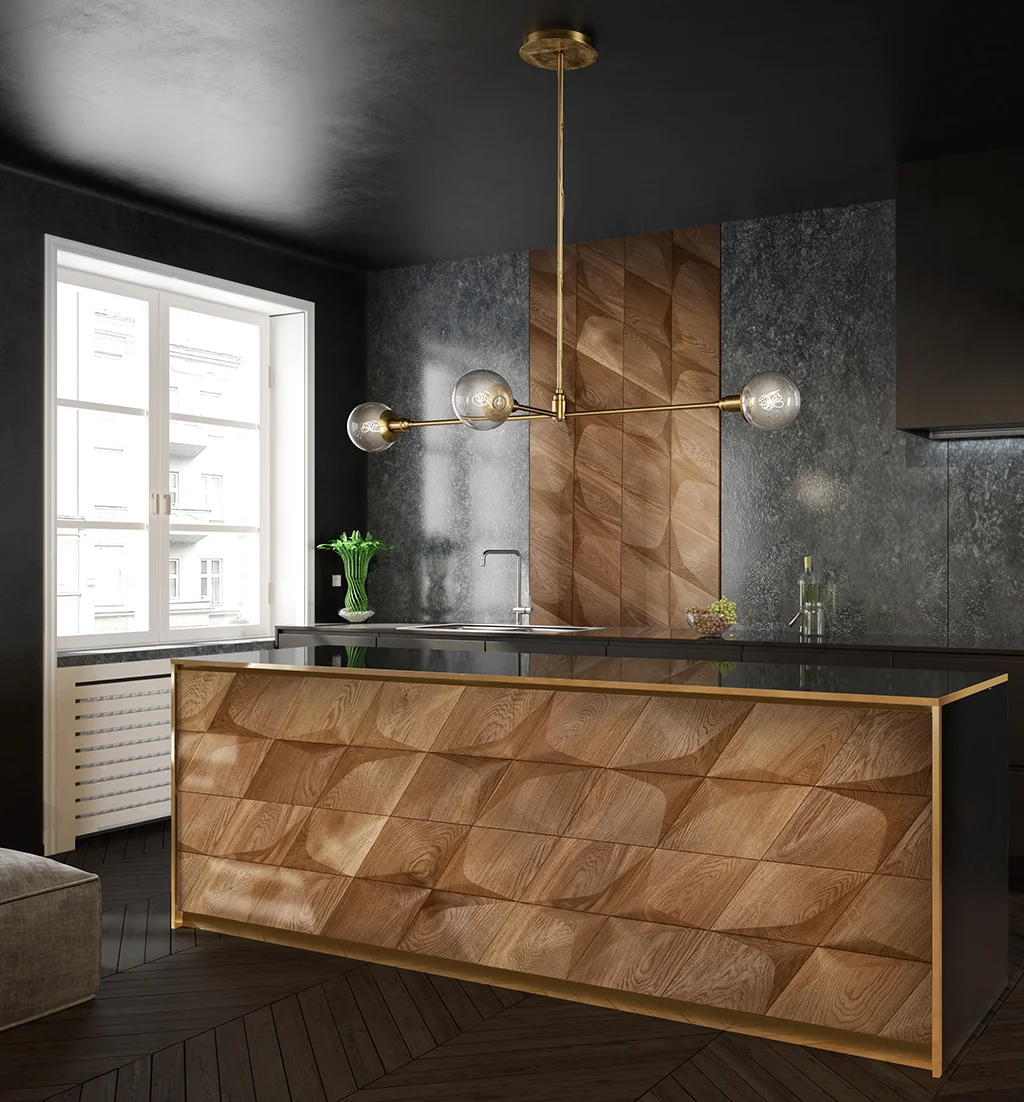 Moderne Küche mit einer Kochinsel aus 3D-Holzpaneelen in Rautenform und passendem Wandakzent aus Eiche.