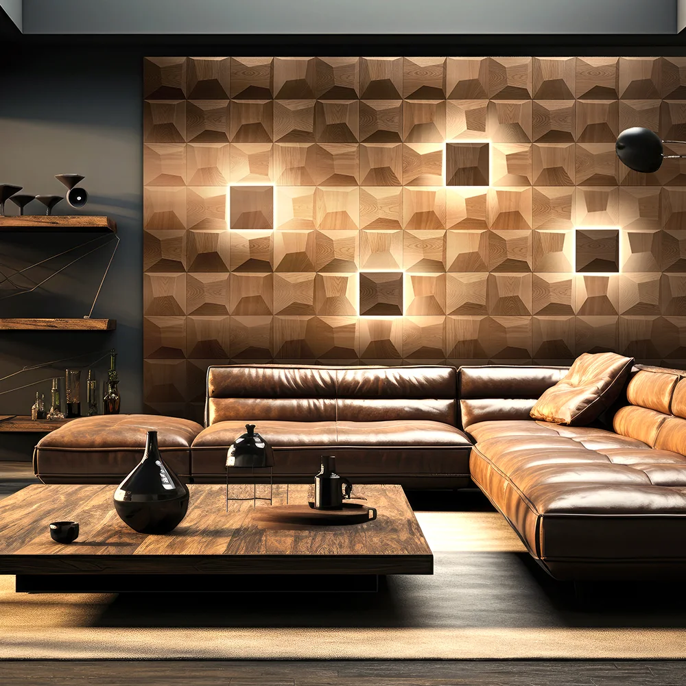 Exclusive living room featuring 3D oak wood wall panels with integrated square spotlights and a brown leather sofa.