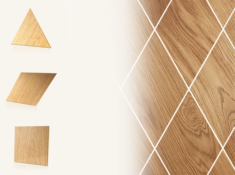 Eine Kollektion minimalistischer, flacher Eichenholzpaneele in geometrischen Formen: Dreieck, Raute und Quadrat.