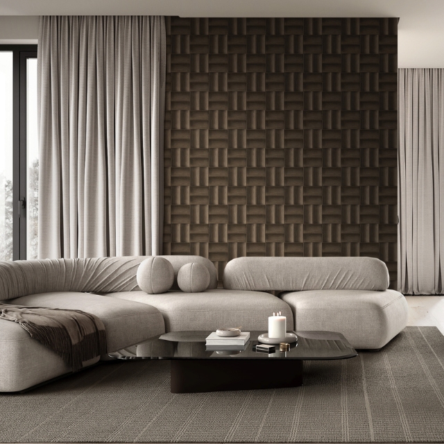 Minimalist living room featuring a dark wood wall panel accent with a woven pattern, a light grey modular sofa, and elegant drapes.