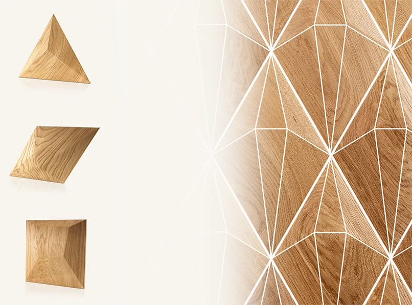 Eine Übersicht von 3D-Holzpaneel-Formen aus Eiche: Dreieck, Raute und Quadrat auf hellem Hintergrund.