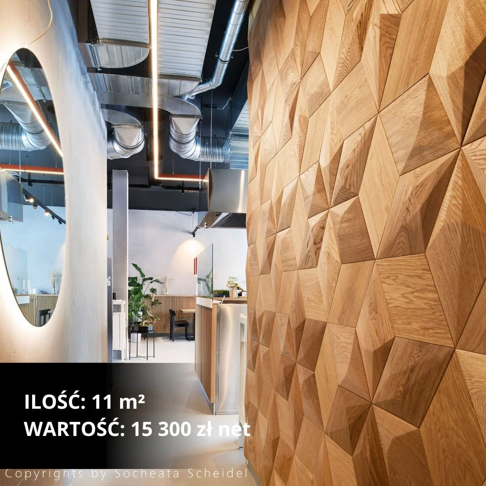 Nowoczesna strefa wypoczynkowa z geometrycznymi drewnianymi panelami ściennymi