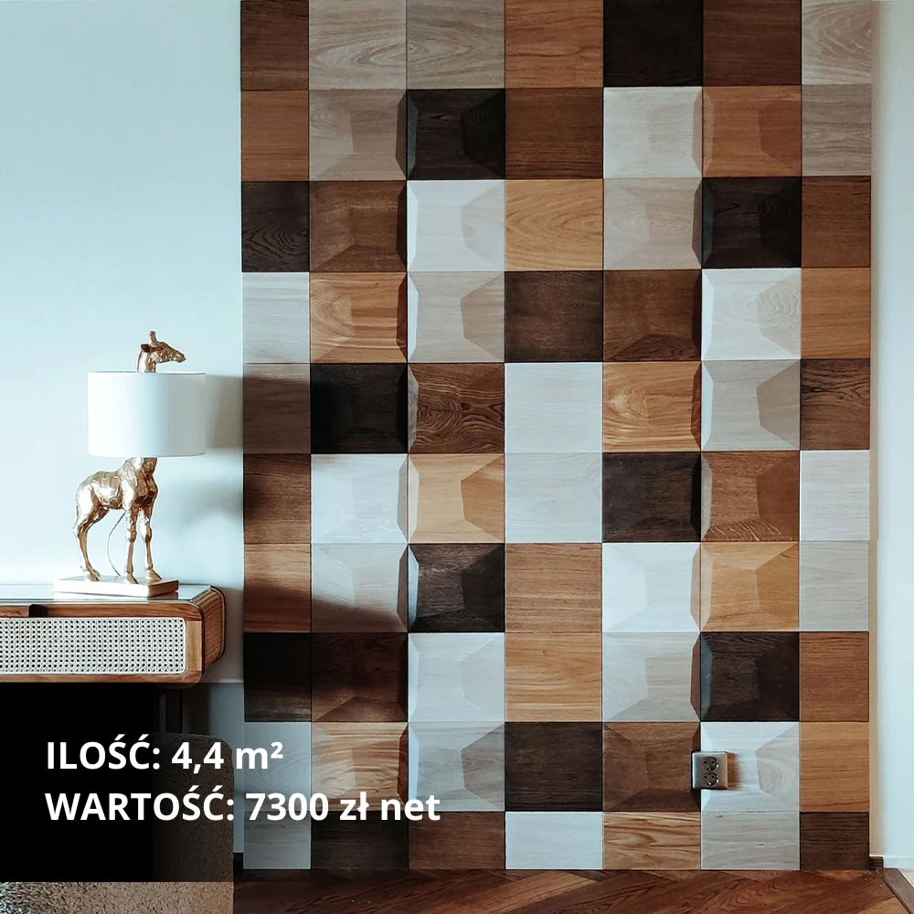 3D drewniane panele ścienne w geometryczny wzór kwadratu w nowoczesnym salonie