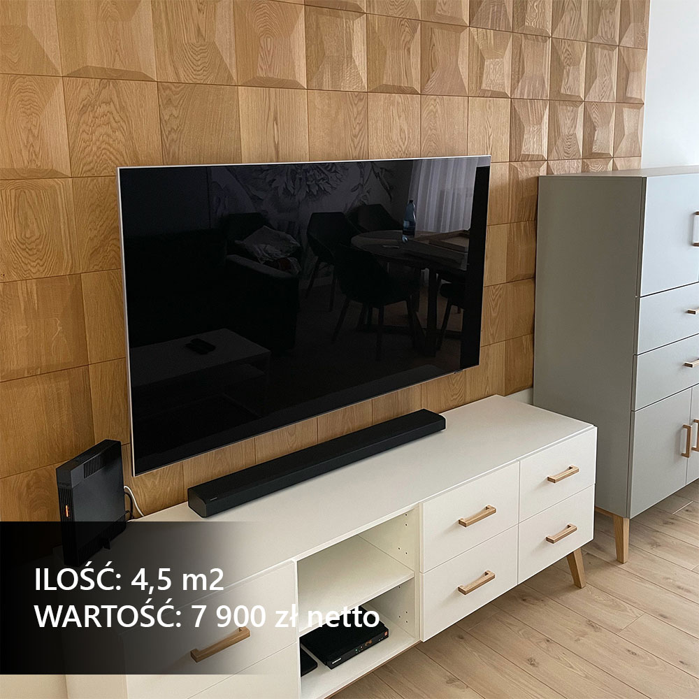 Dekoracyjne panele ścienne za telewizorem w salonie, elegancka ściana tv, aranżacja ściany z drewnem.
