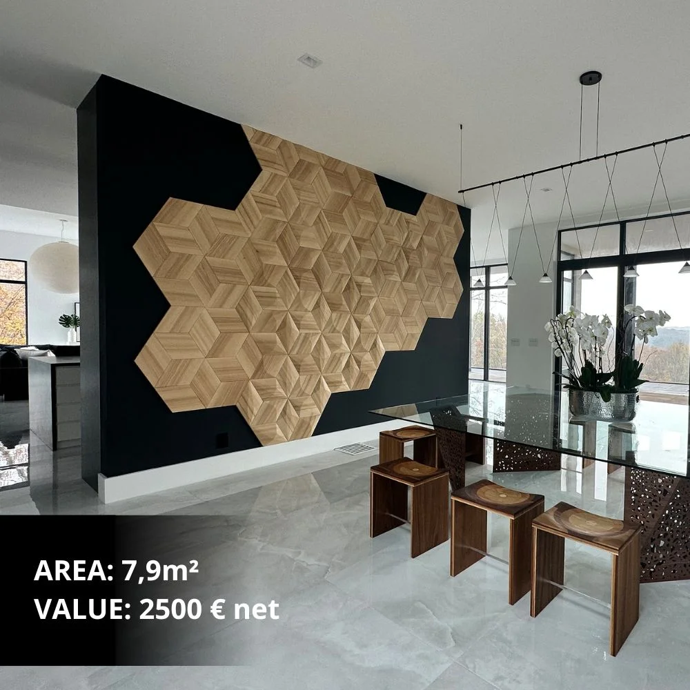 Modern living room with geometric wooden wall panel as a decorative feature behind a dining table.