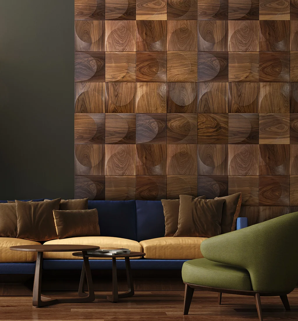 Luxuriöses Wohnzimmer mit einer dekorativen Wand aus dreidimensionalen Walnussholzpaneelen mit wiederkehrendem Halbkreis-Muster.