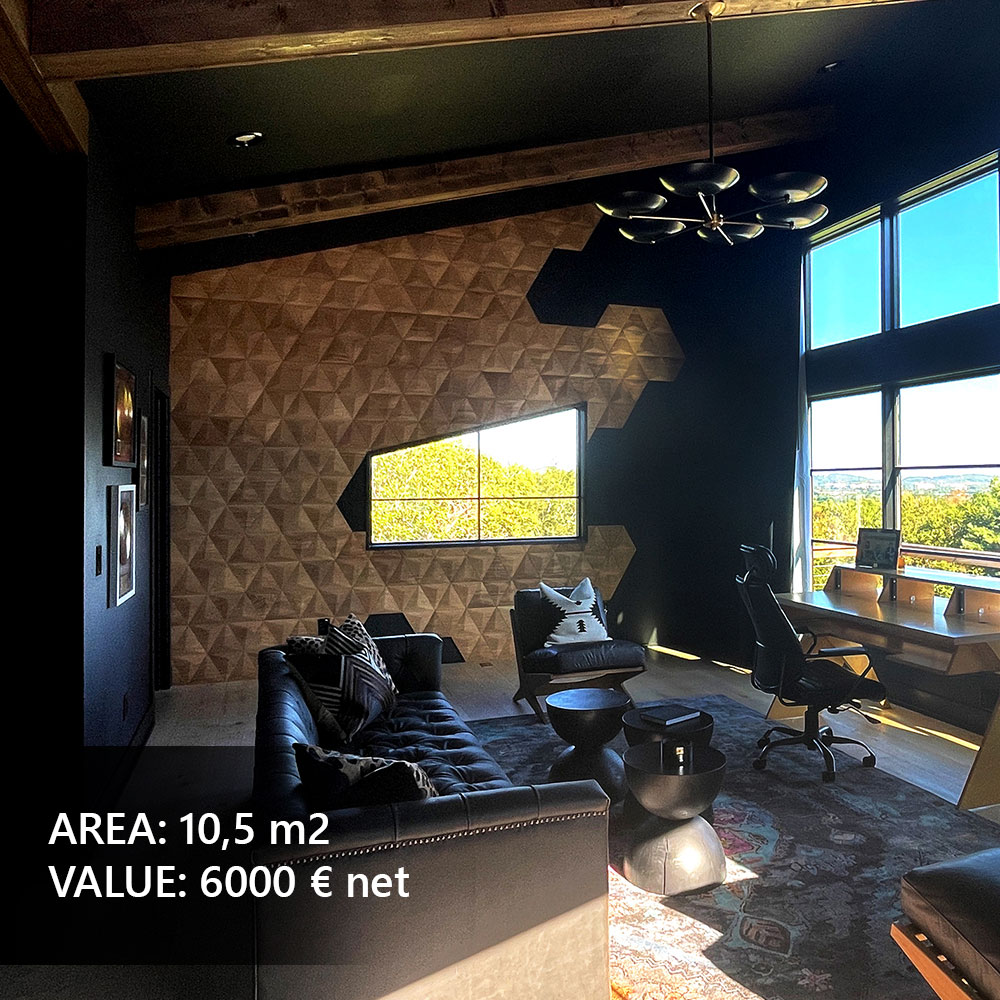 Wood wall panels in a living room, creating a cozy and modern accent wall with natural wood texture.