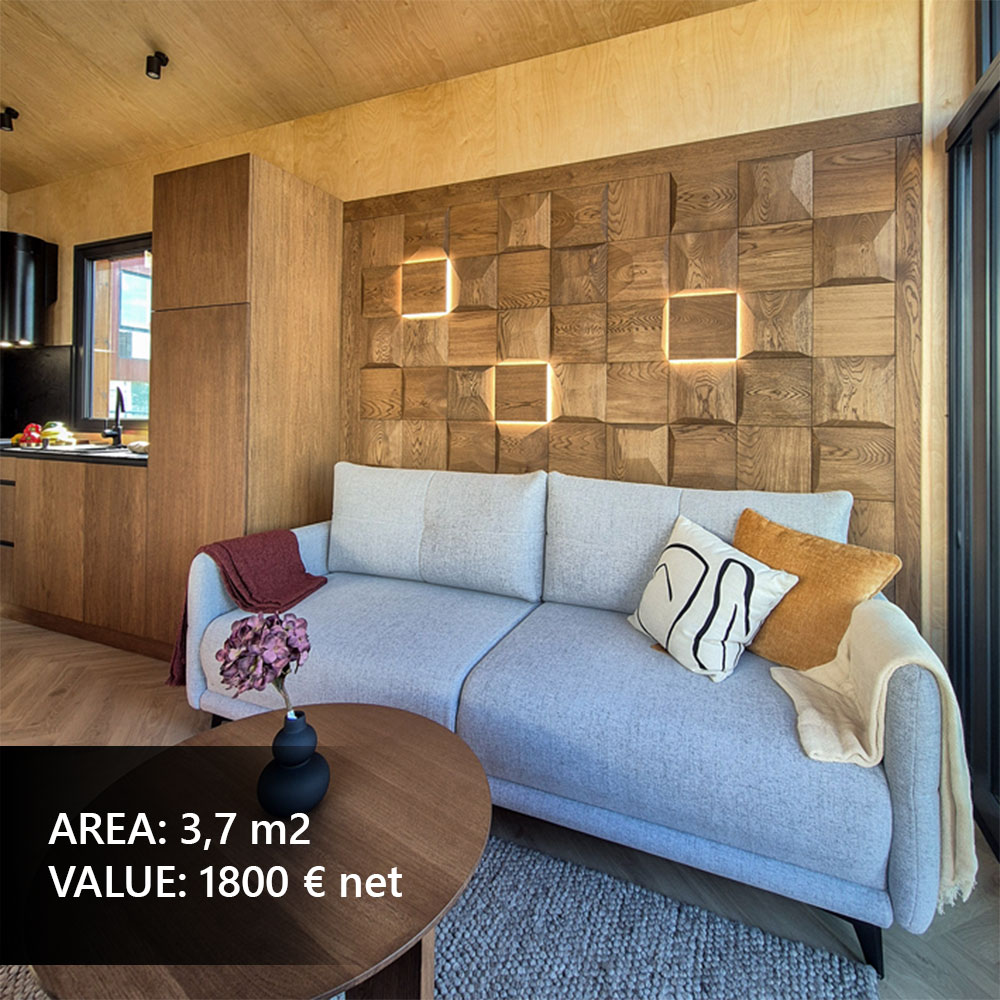 Wooden wall panels in a modern living room, inspiration for a decorative wall behind the sofa.