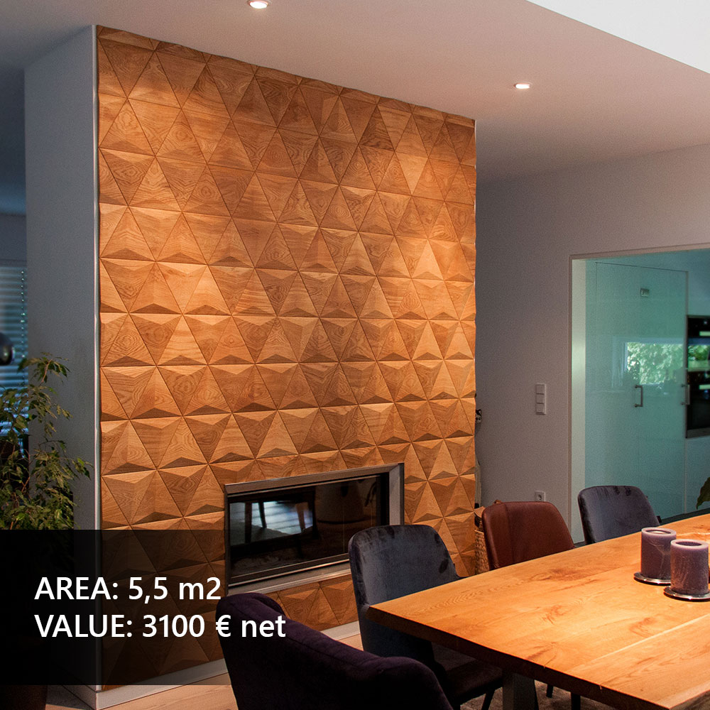 Wooden wall panels in a dining room, providing a unique accent wall and elegant interior wall paneling.