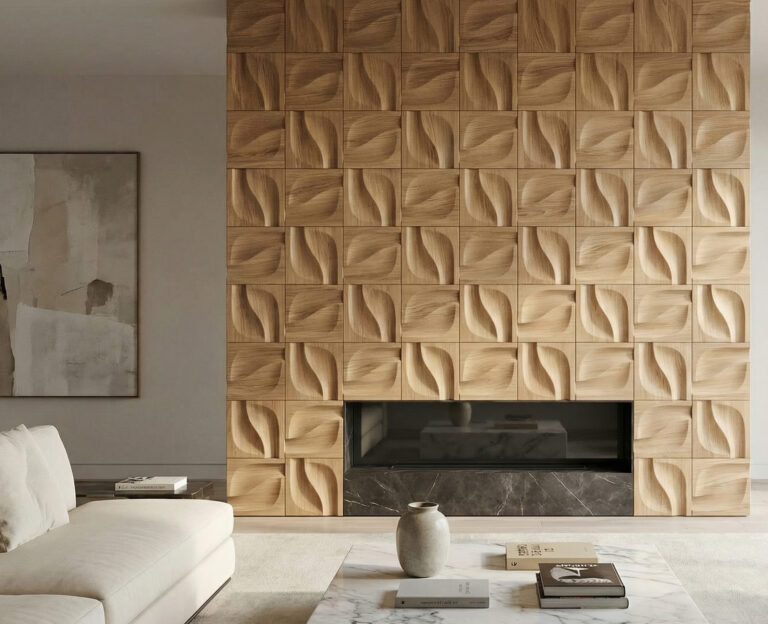 Wooden wall panels by the fireplace