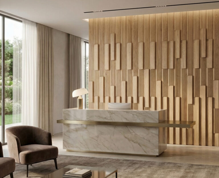 Wooden wall panels in the lobby