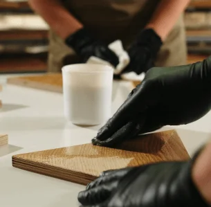 Manufaktur-Handarbeit: Sorgfältiges Ölen eines exklusiven 3D-Holzpaneels zum Schutz und zur Veredelung der Eichenoberfläche.