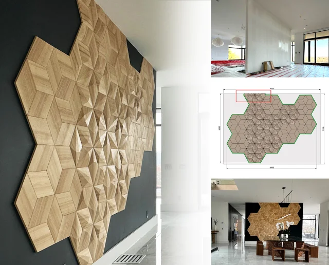 A modern dining room project showcasing the full installation process of bespoke geometric 3D wooden wall panels from blueprint to final interior design.