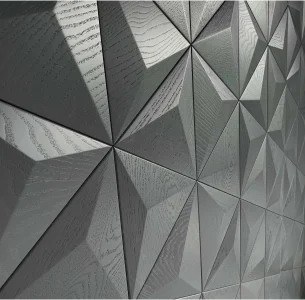 Bespoke grey varnished 3D wooden wall panels showcasing a custom color finish and natural wood grain texture.