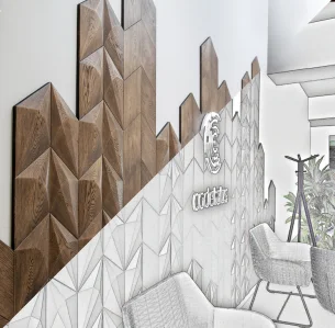 A design concept and realization showing geometric 3D wooden wall panels arranged in a skyline pattern for an office reception area.