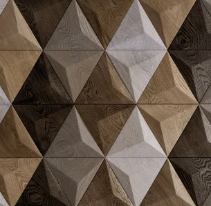 Mozaika z geometrycznych paneli drewnianych 3D prezentująca różne kolory wykończenia, od jasnego dębu po ciemne odcienie.