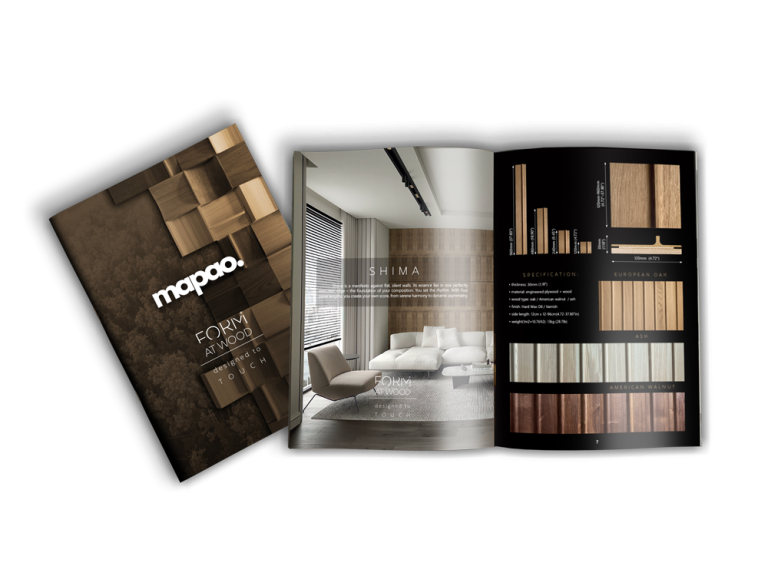 The official FORM AT WOOD Mapao collection product catalog showcasing technical specifications and wood variants of 3D panels.