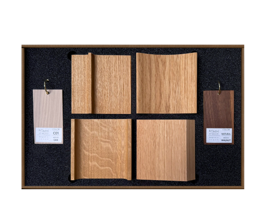 The luxury FORM AT WOOD Mapao collection sample box for architects, featuring 3D wooden panel samples and a product catalog.