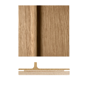 A technical product view of the Shima 3D oak wooden panel, showcasing its front grain and architectural cross-section profile.