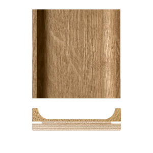 A technical product view of the Yuki 3D oak wooden panel, showcasing its unique asymmetrical profile and detailed cross-section blueprint.