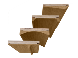 A technical cross-section view of Mapao collection 3D wooden panels, showing the engineered plywood base, tongue and groove system, and oak profile.