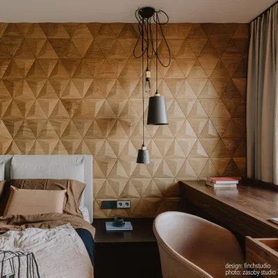 Diamond-shaped lighting panels creating a dramatic bedroom effect